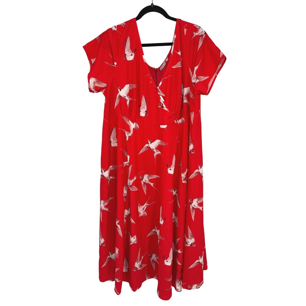 eShakti‎ Midi Dress Womens 3X 26W Red Bird Print Surplice Retro Whimsical Flowy